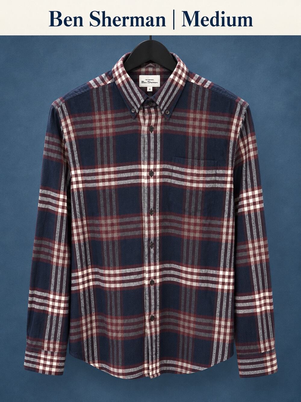 Ben Sherman Men’s Medium NWT Plaid Button Down Shirt Navy Burgundy Relaxed Fit